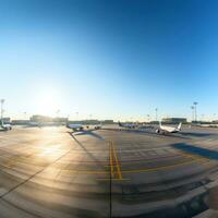 AI generated panoramic view of an airport runway with planes parked and in motion photo