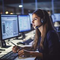 AI generated A person wearing a headset and talking on the phone, surrounded by computers in a call center photo