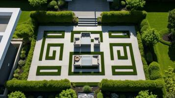 AI generated A stunning aerial shot of a modern garden design featuring a geometric pattern of hedges. photo