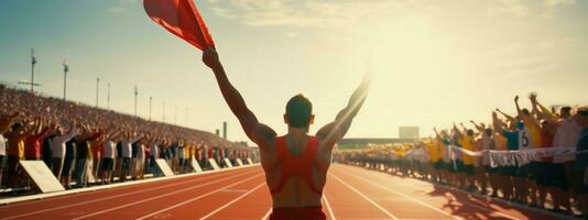 AI generated A runner crossing the finish line at a race, with a crowd cheering in the background photo