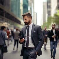 AI generated A man in a suit walking down a busy city street, looking at his phone with skyscrapers in background photo