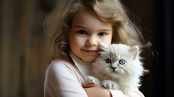 ai generado joven niña participación un mullido blanco gatito en su brazos, ambos mirando contenido y contento foto