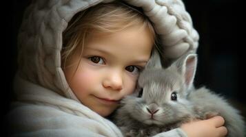 AI generated A sweet image of a child holding a baby bunny in their lap, the two of them snuggled up together photo