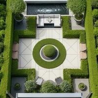 AI generated A stunning aerial shot of a modern garden design featuring a geometric pattern of hedges. photo