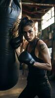 AI generated A woman boxing with a punching bag, with a gritty, industrial setting in the background photo