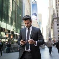 AI generated A man in a suit walking down a busy city street, looking at his phone with skyscrapers in background photo