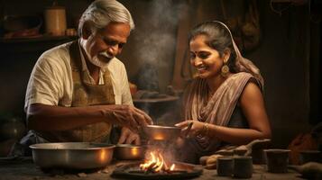 ai generado un conmovedor valores foto de un antiguo Pareja Cocinando desayuno juntos en su tradicional cocina