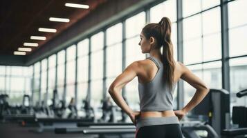 AI generated A woman in workout clothes lifting weights at the gym, with a determined expression on her face. photo