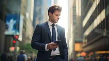 AI generated A man in a suit walking down a busy city street, looking at his phone with skyscrapers in background photo
