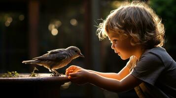 AI generated A heartwarming photo of a young boy feeding a baby bird with a dropper