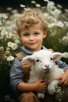 ai generado pequeño chico sentado en un campo de flores con un bebé Cordero abrazado arriba siguiente a él foto