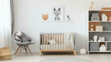 AI generated A stylish children's room with a gray and white color scheme, a wooden crib with a gray crib sheet photo