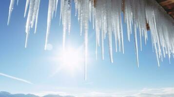 AI generated A Breathtaking View of Abundant Icicles Framed by the Blue Sky photo