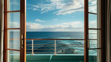 AI generated A Picturesque Glimpse of the Sea Through the Window of a Luxurious Cruise Room photo