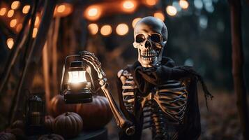 AI generated a skeleton holding a lantern in front of a pumpkin photo