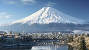 AI generated Snow capped Mountain with city at the bottom photo