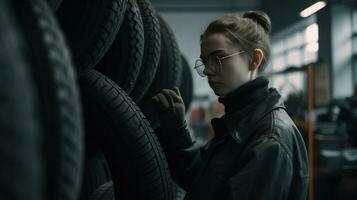 AI generated women Mechanic holding a tire tire at the repair garage photo