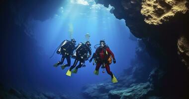 AI generated The Spellbinding Journey of Two Divers in the Serene and Surreal Environment of an Underwater Cave photo