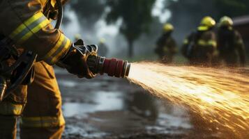 AI generated The Heroic Efforts of Firefighters Gripping Hoses to Spray Water in a Fierce Battle Against Flames photo