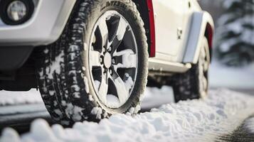 AI generated The Intricate Texture of Winter Tires Embraced by Snow in a Close-Up Shot photo