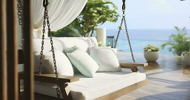AI generated A Charming Outdoor Sitting Area with a Porch Swing on the Terrace for Blissful Reading and Relaxation photo