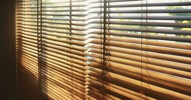 AI generated Sunset Silhouettes - Capturing the Warm Glow of Evening Light Filtering Through Wooden Window Blinds photo