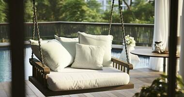 AI generated A Cozy Porch Swing Nestled on the Terrace Corner, Ideal for Unwinding with a Book or a Cup of Tea photo