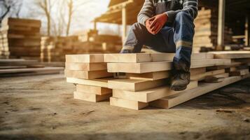 AI generated Capturing the Resting Legs of a Man, a Carpenter, Sitting on Planks in a Wood-Filled Warehouse photo