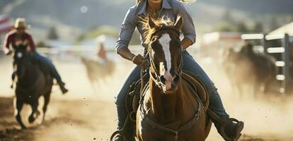 AI generated Cowgirls Displaying Expertise and Finesse in the Action-Packed Barrel Riding Segment at a Rodeo Extravaganza photo