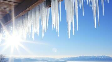 AI generated A Lush Array of Icicles Hanging Elegantly Against the Serenity of a Blue Sky photo