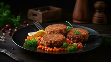 AI generated Plate with tasty lentil cutlets on table photo