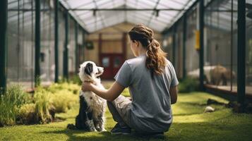 AI generated Rear view Young adult woman working and playing with dogs in animal shelter photo