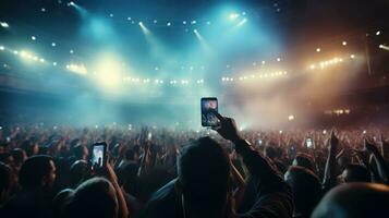 ai generado capturar el multitud a un concierto, iluminado por el resplandor de teléfonos inteligentes foto