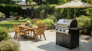 AI generated The Allure of a Beautiful Backyard, Perfectly Outfitted with a Barbeque Spot and Elegant Dining Table photo