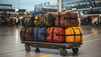 AI generated The Sight of a Fully Packed Luggage Cart, Ready to Embark on Airport Journeys photo