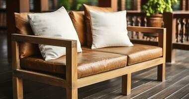 ai generado felpa cojines adornando un de madera sofá con un elegante artificial cuero asiento foto