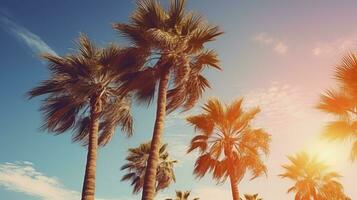 ai generado tropical amanecer. el encantador ver de Coco palmas tomando el sol en el temprano Mañana resplandor foto