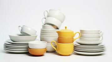 AI generated A Collection of Fine Ceramic Plates, a Kettle, and Cups Against a White Backdrop photo