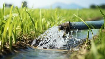 ai generado el poderoso fluir de agua desde un grande bomba tubo dentro un lozano arroz campo foto