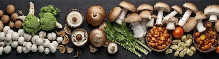 AI generated An Enchanting Selection of Raw Mushrooms Artfully Arranged Against a Dark Setting, Highlighting Vegan Delicacies photo