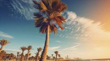 ai generado capturar el tranquilo belleza de Coco palmas en el primero ligero de amanecer foto