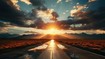 AI generated After the Rain - The Sun's Warm Glimpse Through Parting Clouds Over a Glistening Highway photo