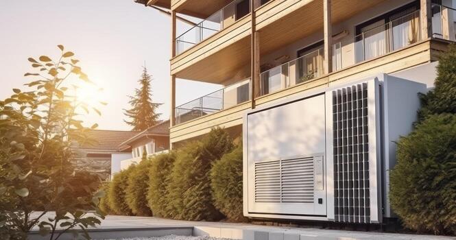 AI generated A Modern Heat Pump Installed in the Vicinity of a Residential Edifice photo