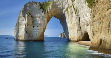 AI generated Nature's Sculpture - Chalk cliffs with natural arch on sunny day near blue sea photo