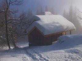 a small cabin is covered in snow photo