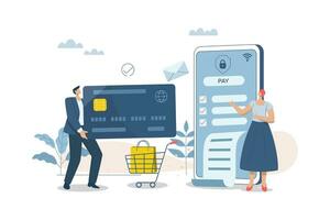 Online transactions, Smartphone with Online Payment, Businessman and woman conducts financial transactions with bank electronically wirelessly. vector