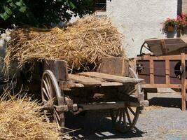 a wooden cart with hay photo