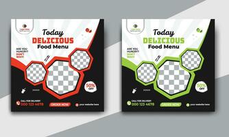 Fast food restaurant business marketing social media post or web banner template design with abstract background. Fresh pizza, burger and online sale promotion flyer or poster design. vector