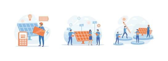 Solar energy panels, Field service technicians, engineer, manager and architect, installing solar modules. Solar energy panels set flat vector modern illustration