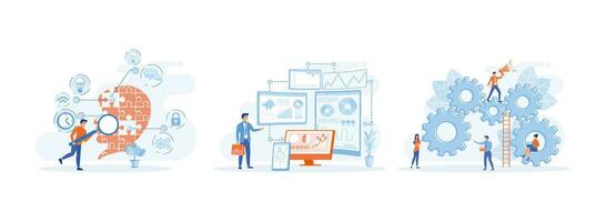 Digital transformation. Data Analysis and Digitization,  Businessman employee working with laptop on gears. Digital Transformation set  flat vector modern illustration